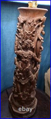 Balinese wood carving sculpture base for lamp and singed by artist