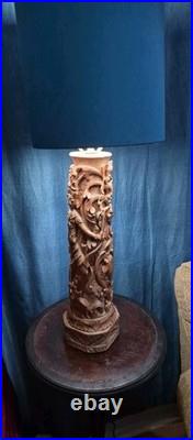 Balinese wood carving sculpture base for lamp and singed by artist