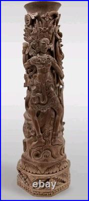 Balinese wood carving sculpture base for lamp and singed by artist