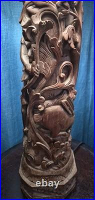 Balinese wood carving sculpture base for lamp and singed by artist