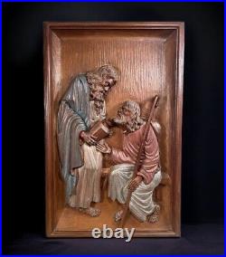 Bas Relief Wood Resin Wood Carving Religious Scene Signed 27.75 x 17.75 x 2.25