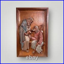 Bas Relief Wood Resin Wood Carving Religious Scene Signed 27.75 x 17.75 x 2.25