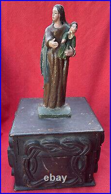 Beautiful Old Carved & Weathered Church Offering Box With Mary & Christ Child
