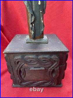Beautiful Old Carved & Weathered Church Offering Box With Mary & Christ Child