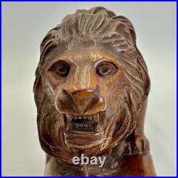 Beautiful Vintage Hand Carved Lion Folk Art Large 18 Wood Mahogany Sculpture