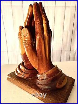 Beautiful Vintage Hand Carved Solid Wood Praying Hands Sculpture on Wood Base