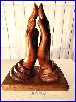 Beautiful Vintage Hand Carved Solid Wood Praying Hands Sculpture on Wood Base