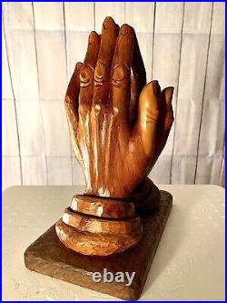 Beautiful Vintage Hand Carved Solid Wood Praying Hands Sculpture on Wood Base