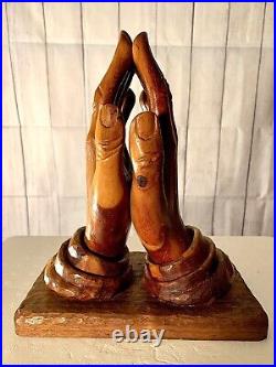 Beautiful Vintage Hand Carved Solid Wood Praying Hands Sculpture on Wood Base