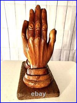 Beautiful Vintage Hand Carved Solid Wood Praying Hands Sculpture on Wood Base