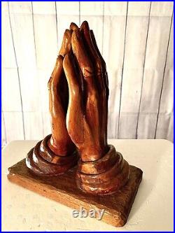 Beautiful Vintage Hand Carved Solid Wood Praying Hands Sculpture on Wood Base