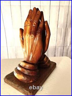 Beautiful Vintage Hand Carved Solid Wood Praying Hands Sculpture on Wood Base