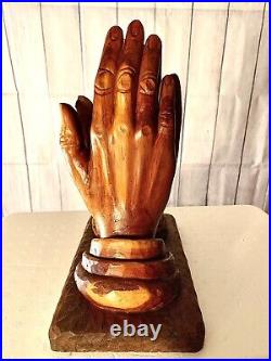 Beautiful Vintage Hand Carved Solid Wood Praying Hands Sculpture on Wood Base