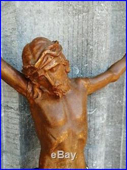 Big Antique France Church Wall Hanging Carved Wood Jesus Christ Corpus Sculpture