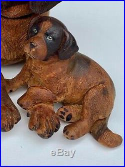 Black Forest Fabulous Wood Carved Sculpture Saint Bernard and his 2 puppies
