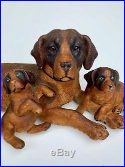Black Forest Fabulous Wood Carved Sculpture Saint Bernard and his 2 puppies