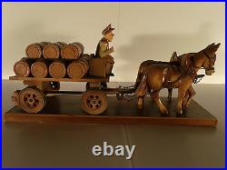 Black Forest Hand Carved German Beer Wagon With Horses, Driver And Beer Kegs