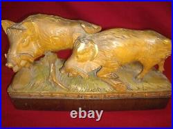 Black Forest wild boars sculpture hand carved wood