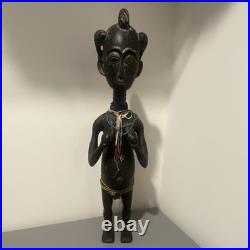 Black Wooden African Carved Sculpture with Beaded Necklaces and Adornments