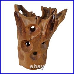 Blooming Rootstock Sculpture Teak Root Wood Vase Shaped 17.5 in