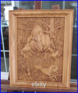 Boar hunt, dogs, wood, sculpture, carving