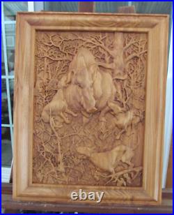 Boar hunt, dogs, wood, sculpture, carving