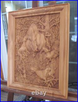 Boar hunt, dogs, wood, sculpture, carving