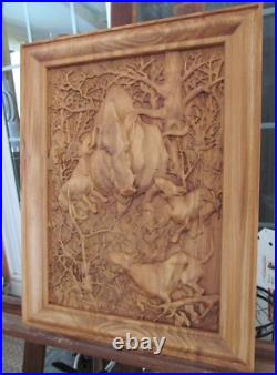 Boar hunt, dogs, wood, sculpture, carving