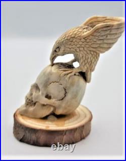 Bone Sculpture The all SEEING Raven, Very Rare Hand Carved Collection Purchased Bone Sculpture The all SEEING Raven, Very Rare Hand Carved Collection Purchased