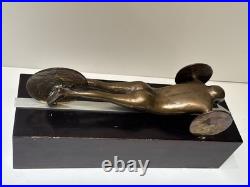 Bronze Metal Sculpture Modernist Vintage Man Men Car Automobile Mystery Artist