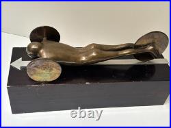 Bronze Metal Sculpture Modernist Vintage Man Men Car Automobile Mystery Artist
