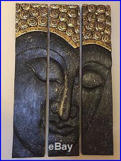 Buddha Face Black Gold Solid Wood Carving 3 Panels Large Thailand Hand Carved