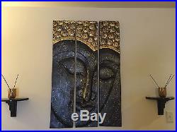 Buddha Face Black Gold Solid Wood Carving 3 Panels Large Thailand Hand Carved
