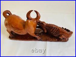 Bull and crocodile fight wooden sculpture France 1940