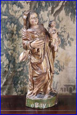 C17th Carved Wood Gesso Sculpture Madonna and Child Baroque Statue Notre Dame