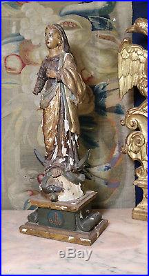 C18th Carved Wood Gesso Sculpture Madonna Baroque Statue Gothic Decor