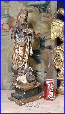 C18th Carved Wood Gesso Sculpture Madonna Baroque Statue Gothic Decor