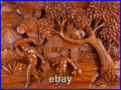 Carved Artisan 3D Whittled Figural Wooden Plaque Picture Children Trees