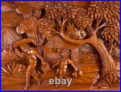 Carved Artisan 3D Whittled Figural Wooden Plaque Picture Children Trees