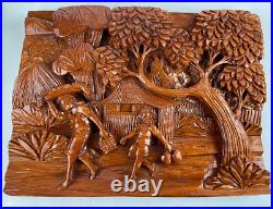 Carved Artisan 3D Whittled Figural Wooden Plaque Picture Children Trees