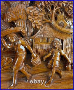 Carved Artisan 3D Whittled Figural Wooden Plaque Picture Children Trees