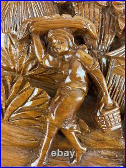 Carved Artisan 3D Whittled Figural Wooden Plaque Picture Children Trees