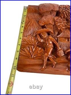 Carved Artisan 3D Whittled Figural Wooden Plaque Picture Children Trees