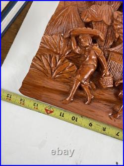 Carved Artisan 3D Whittled Figural Wooden Plaque Picture Children Trees