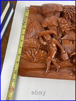 Carved Artisan 3D Whittled Figural Wooden Plaque Picture Children Trees