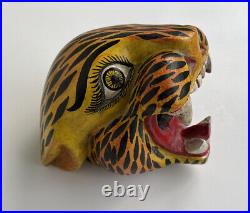 Carved Cat Tiger Head Bust Wood Carving Art Decor OOAK Handmade