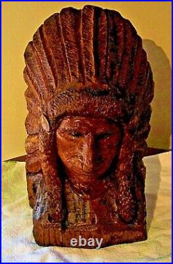 Carved Native American Wooden Chief Bust Headdress Indian Sculpture Initialed KW