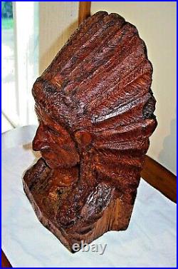 Carved Native American Wooden Chief Bust Headdress Indian Sculpture Initialed KW