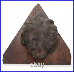 Carved Oak Cherubic Putto Bust Wall Hanging, Early 20th Century, Unique Antique