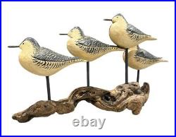 Carved Wood Shore Birds Perched On Driftwood Made By Artist David Personius 1987